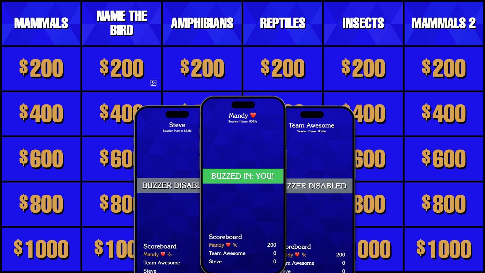 Buzzinga Jeopardy game board with categories and clues displayed in a grid format